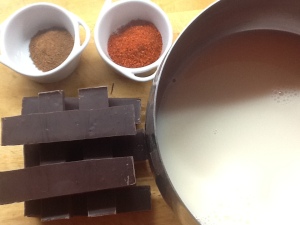 Ingredientes para el chocolate:  leche, chocolate, canela y chili